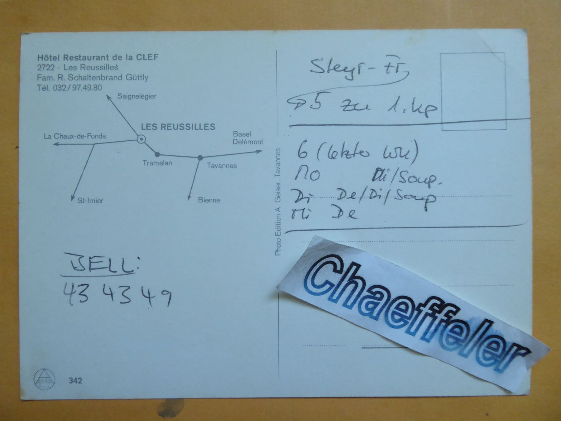 Ansichtskarten: Werbematerial: Hotel Rest. de la CLEF, Les Reussilles – Gebraucht aus Zürich von Chaeffeler 1