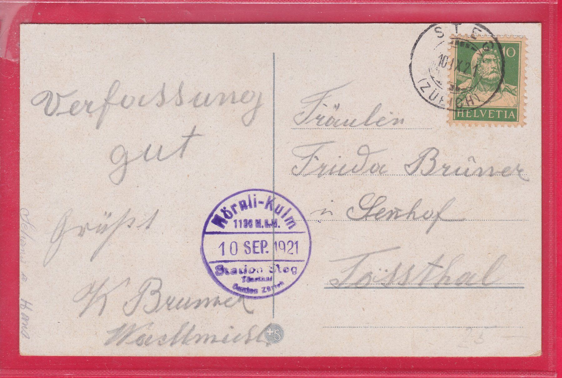 Ansichtskarten: HÖRNLI-KULM 1135m, 10.9.1921 – Gebraucht aus Oberrieden von Gebirgsstelze 1