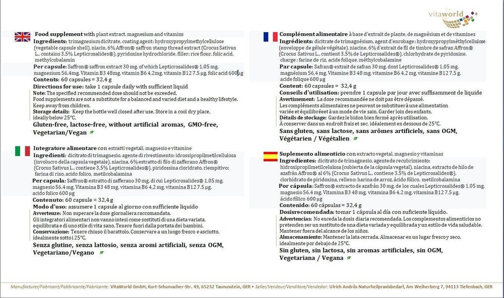 Extrait De Safran Vita World 60 Capsules - 100% Naturel, Avec Magnésium, Vegan