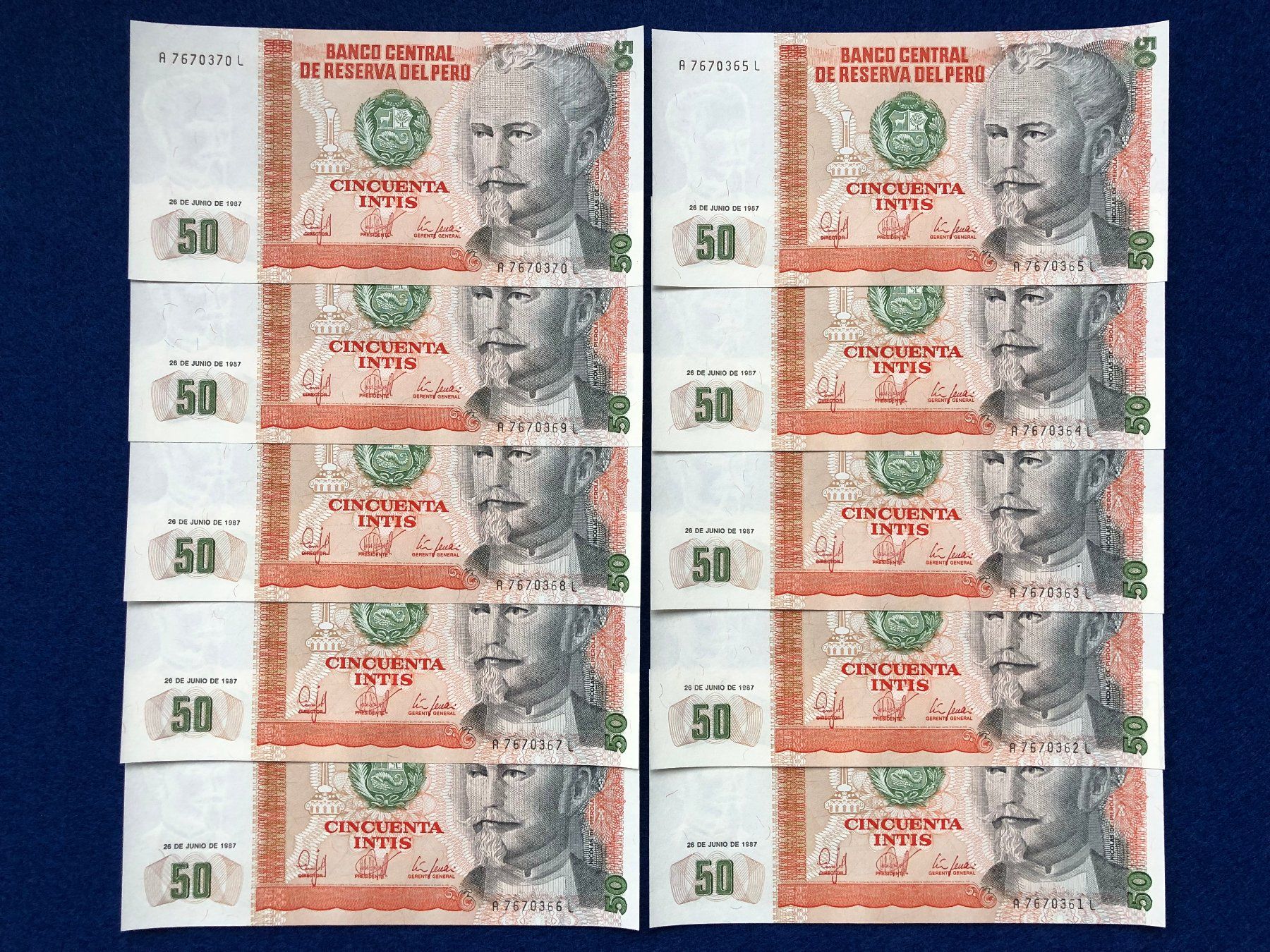 Banconote: Peru 1987 - 10 x 50 Intis aUNC – Nuovo (secondo la descrizione) da Pfäffikon SZ venduto da Sieben77