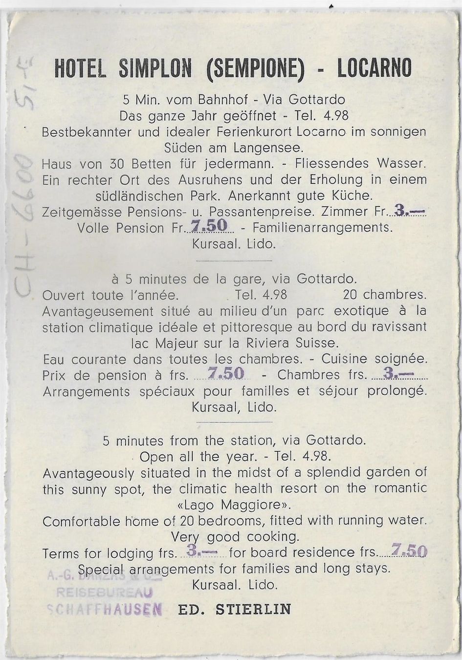 Cartes postales: Hotel Simplon - Locarno – D'occasion à Ettingen par Kartenplanet 1