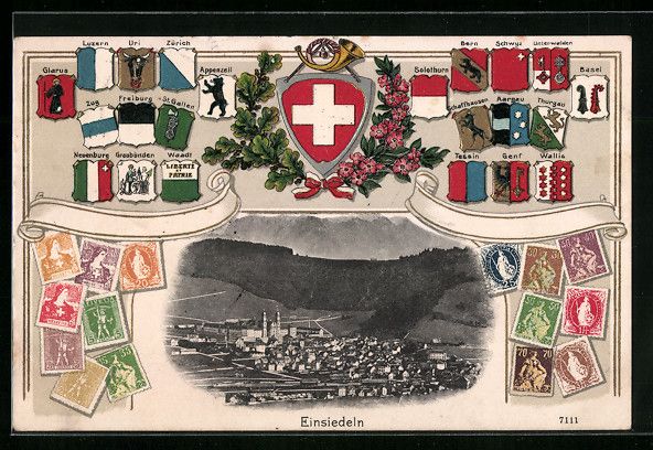 Cartes postales: Einsiedeln, Totalansicht, Wappen der sch – D'occasion à Berlin par bartko-reher