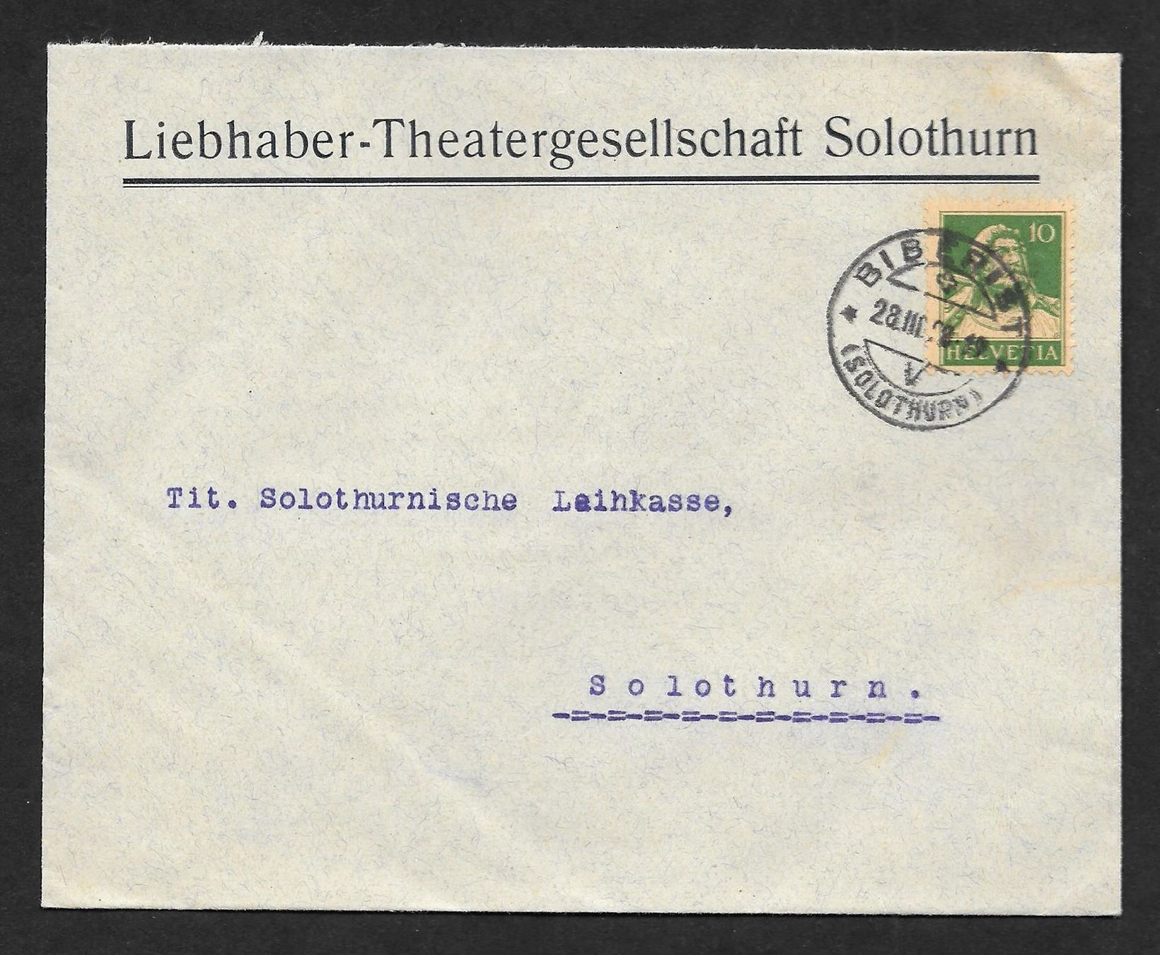 Tutti i francobolli: Solothurn illustrierter Brief Theatergesellschaft 28.3.1928 – Usato da Olten venduto da clotaldi