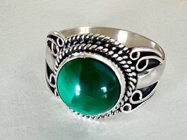Vintage Silberring Malachit Cabochon 925 Handarbeit Gr. 59