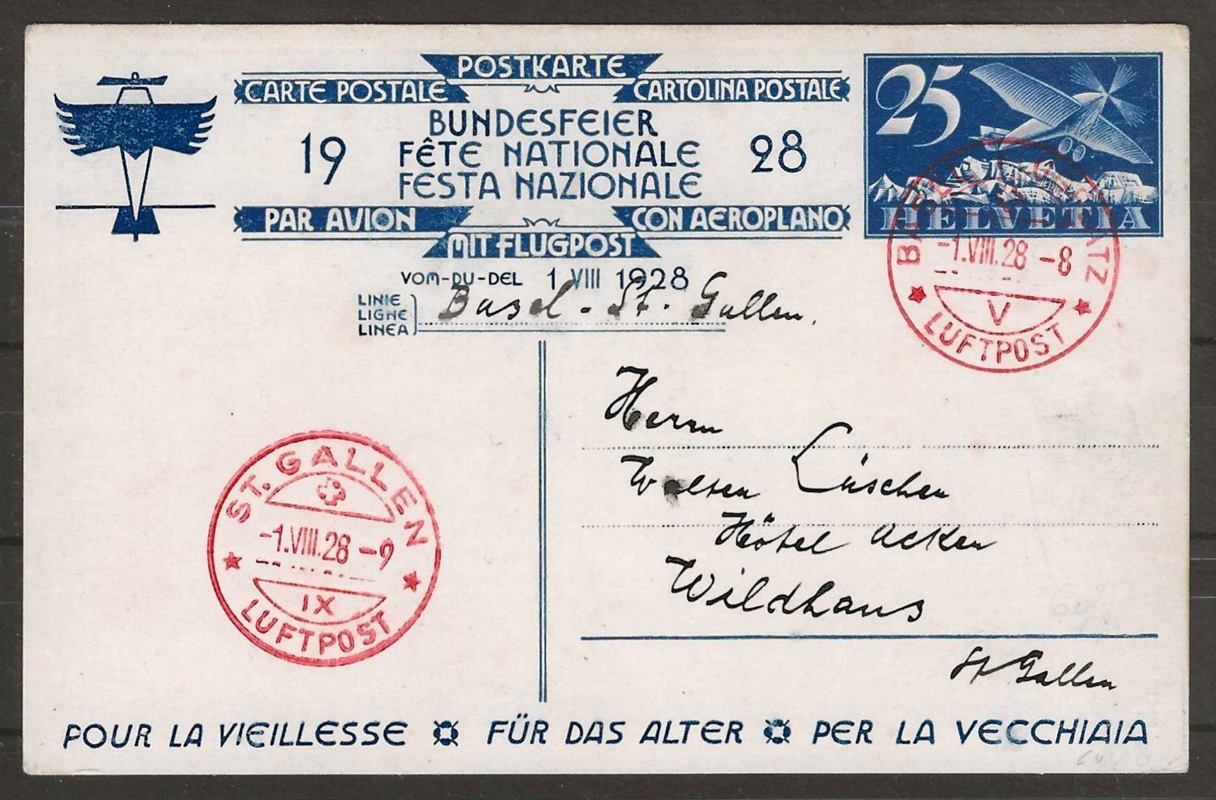 Alle Briefmarken: 1.8.1928 : Bundesfeierkarte mit Flugpost – Gebraucht aus Gümligen von Geniusbuy