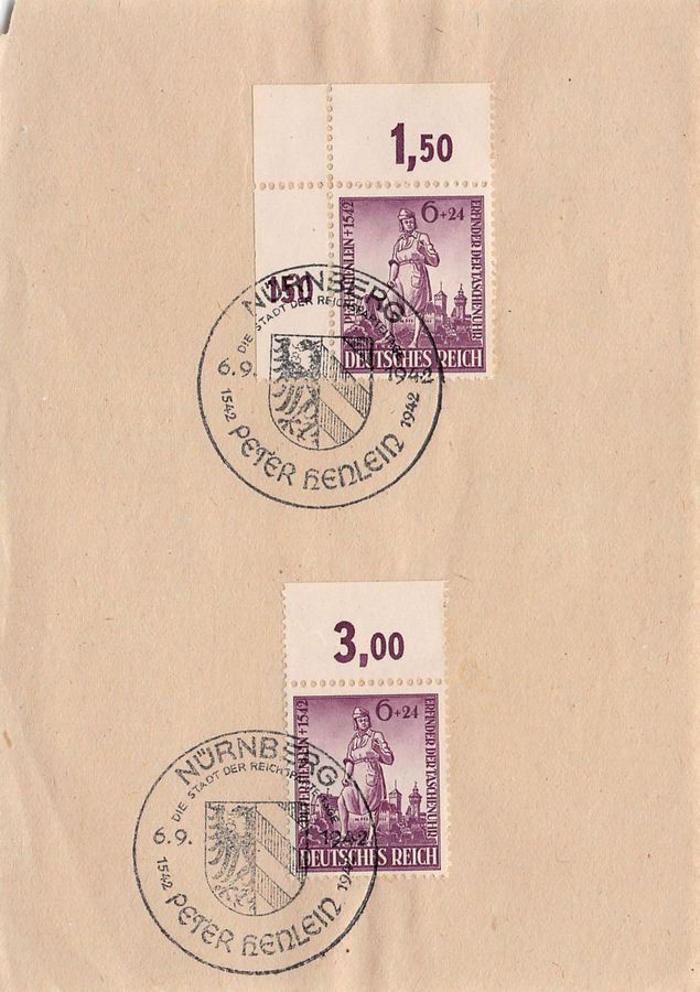 Tutti i francobolli: Nürnberg, 400 Jahre Peter Henlein 1942 – Usato da Frauenfeld venduto da POML