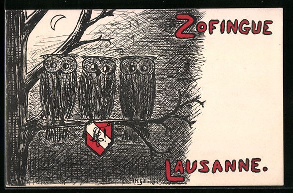 Cartoline postali: AK Lausanne, Eulen auf einem Ast, Wappen – Usato da Berlin venduto da bartko-reher