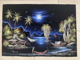 Samtbild, Nachtlandschaft, Thailand, 70x50cm, signiert