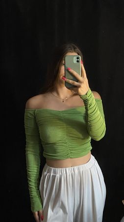 green off-shoulder ruched top
