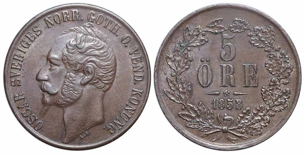 Alle Münzen: Schweden, 5 Ore 1858/7 – Gebraucht aus Chiasso von Novamarketing