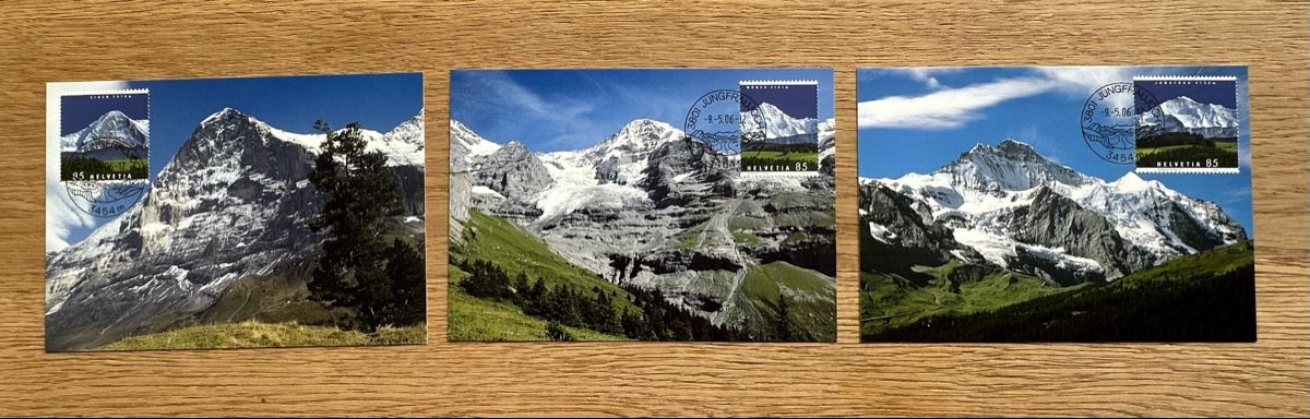 Tutti i francobolli: Schweiz - 3 Maximumkarten 2006 Eiger Mönch Jungfrau – Usato da Schmitten / FR venduto da Samsara169