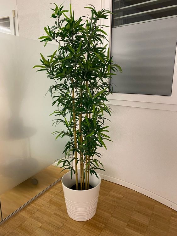 Kunststoff Bambus 120cm Künstlich - 7-stämmige Deko Pflanze Im Topf Für Wohnzimmer & Büro