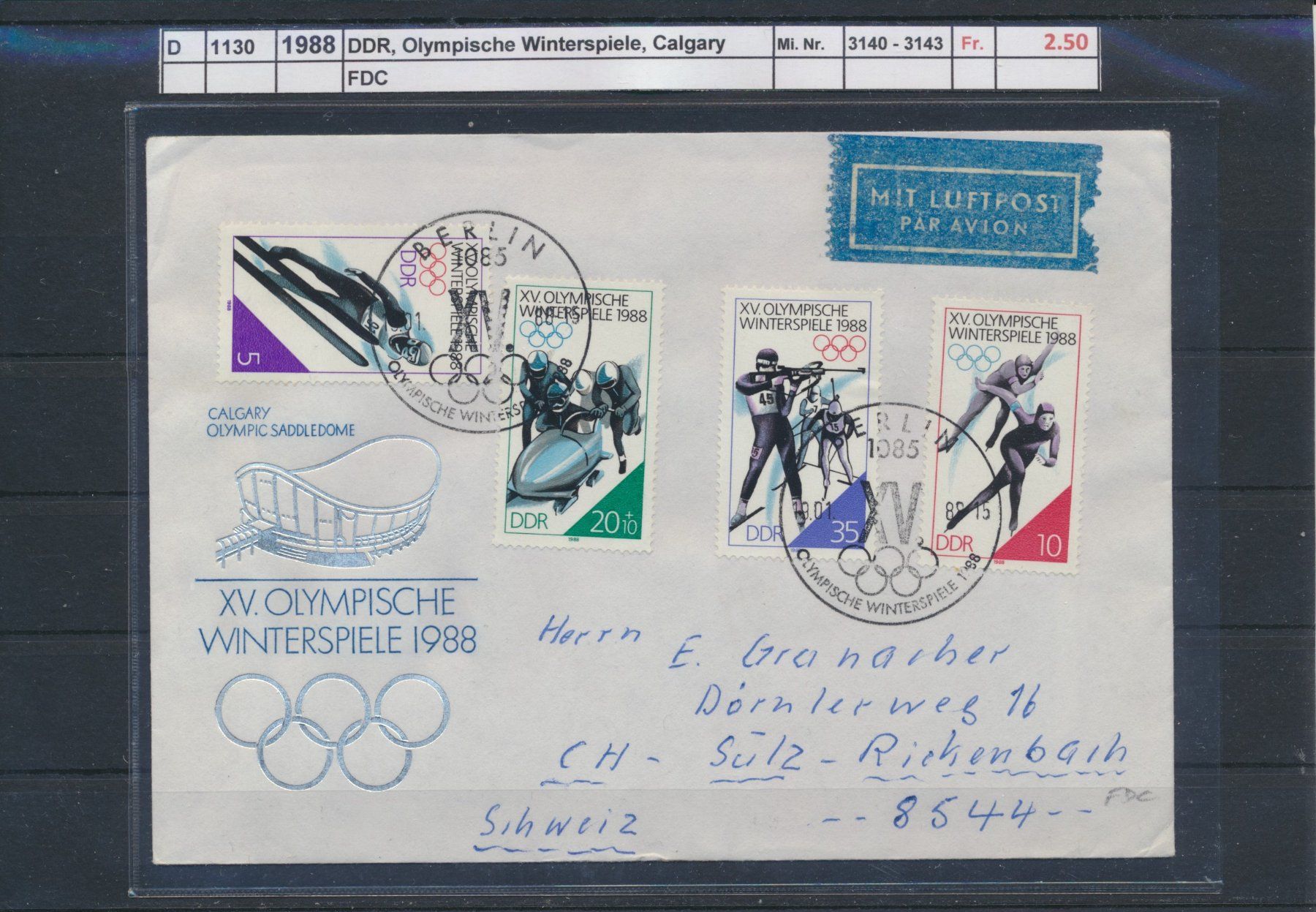Tutti i francobolli: 1988 DDR, Olympische Winterspiele, Calgary, FDC – Usato da Winterthur venduto da Zupogeru