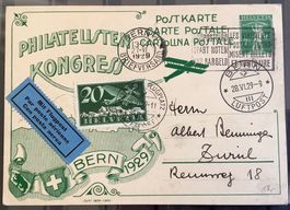 1929 - Illustr. Flugpostkarte Philatelisten Kongress Bern