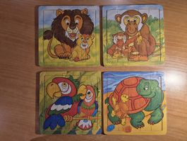 Holzpuzzle, 4er Set, Tier-Motiv, Puzzlespass für Kinder