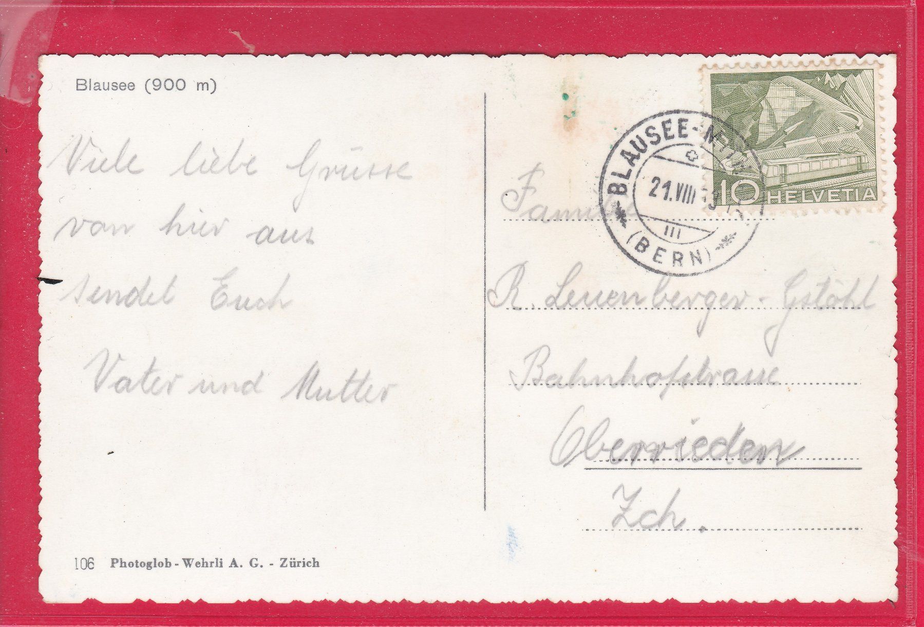 Cartoline postali: BLAUSEE 900m, 21.8.1953 – Usato da Oberrieden venduto da Gebirgsstelze 1