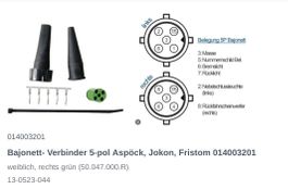 Bajonett- Verbinder 5-pol Aspöck, Jokon, Fristom (grün)
