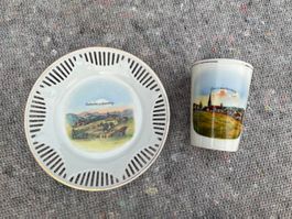 Schöner Porzellan Teller und Becher "Andenken Hemberg"