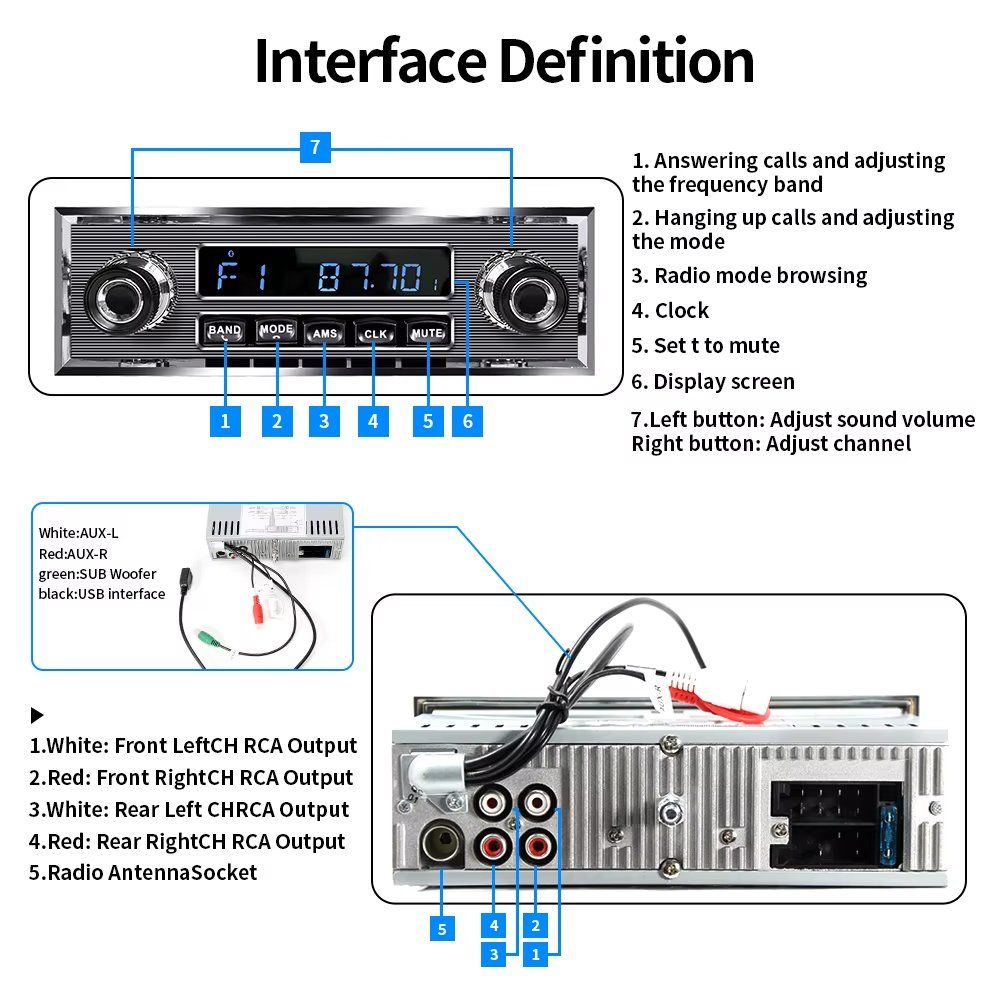 Tutti pezzi di ricambio auto: Retro Autoradio Oldtimer 1 DIN Bluetooth Internet Radio USB – Nuovo e nell'imballaggio originale da Chiasso venduto da online.shop 7