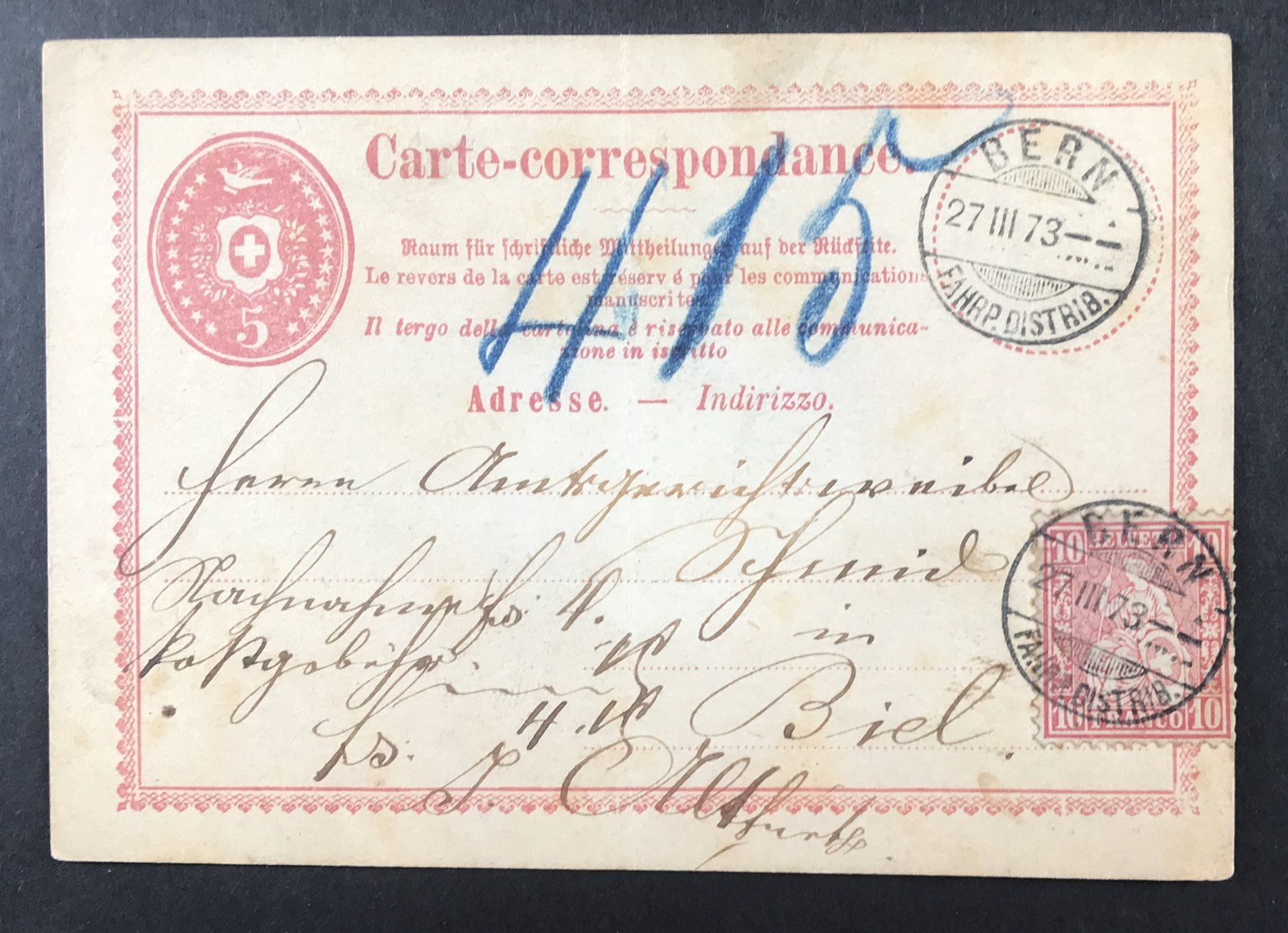 Tutti i francobolli: ANTIKE POSTKARTE SCHWEIZ 1873 KANTON BERN – Usato da Ostermundigen venduto da Kari1937