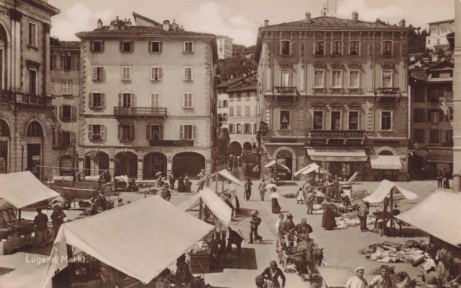 Cartoline postali: Lugano mercato animata particolare retro – Usato da Biasca venduto da Blenio71