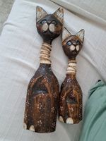 Holzkatzen Dekoration 2er Set handgeschnitzt braun floral