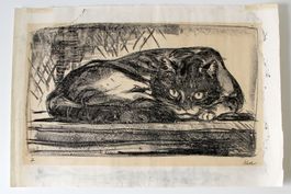 Walter Kalt - signierte Lithografie mit liegender Katze