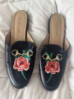 Mules noires brodées de rose & mors dorés, T.41, été parfait