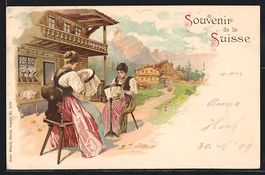 Litho Damen in Tracht aus der Schweiz be