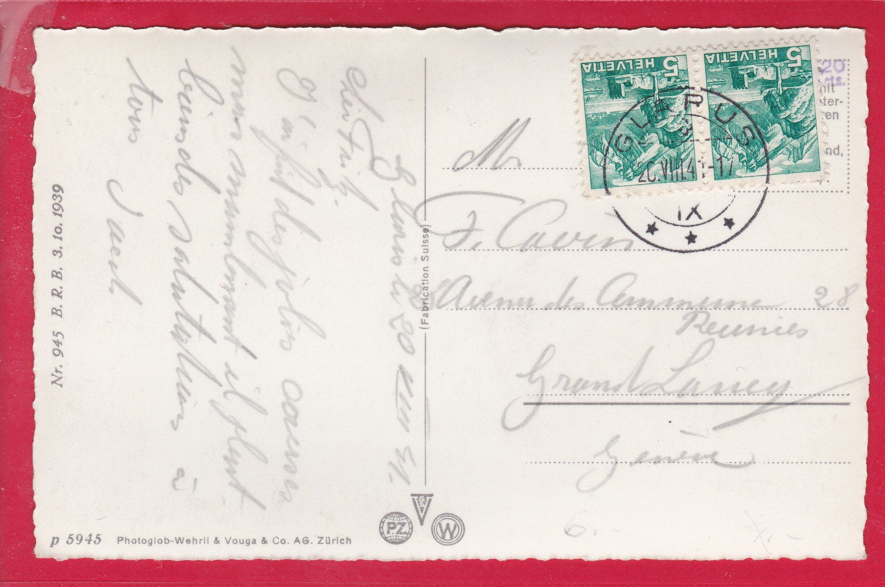 Cartoline postali: KLÖNTALERSEE, 20.8.1941 – Usato da Oberrieden venduto da Gebirgsstelze 1