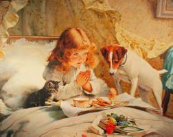 BURTON,BETENDES KIND MIT KATZE, HUND, GROSSFORMAT AUF LEINEN