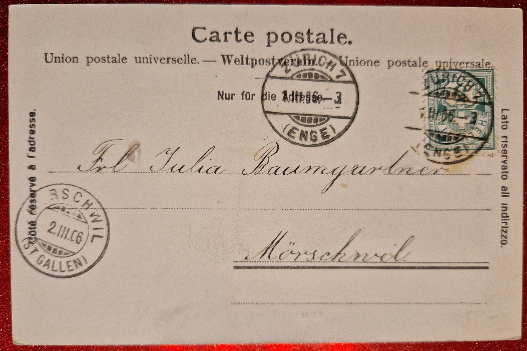 Ansichtskarten: Zürich 1906 – Gebraucht aus Melchnau von Fishel 1