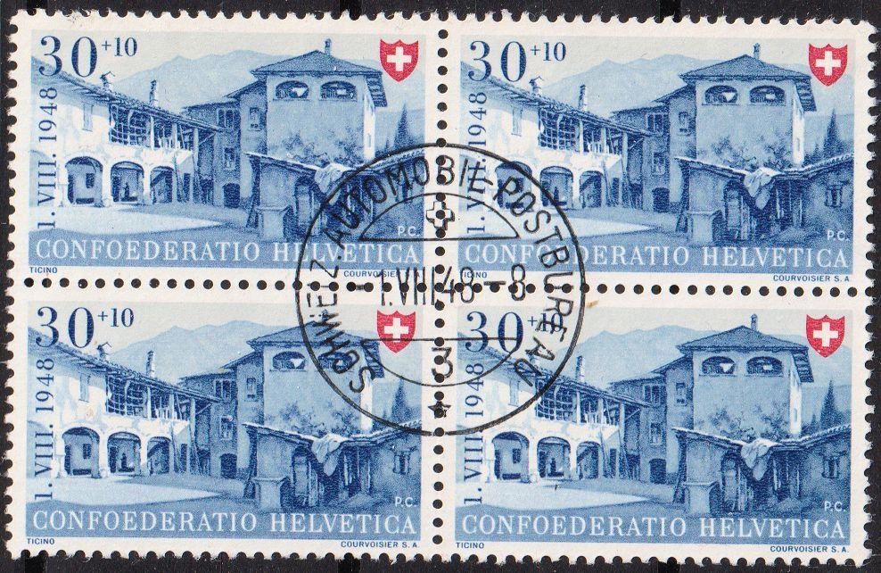 Alle Briefmarken: B 38, Tessiner Haus, Viererblock gestempelt – Gebraucht aus Basel von Bingis