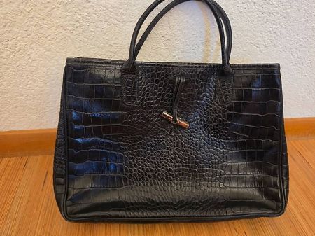 Sac Longchamp Roseau en cuir noir effet crocodile