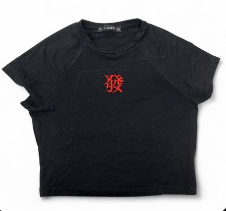 Schwarzes T-Shirt mit rotem Stickmotiv