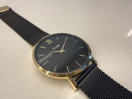 Neu CLUSE Damenuhr Edelstahl Mesh Schwarz Goldfarben Uhr 