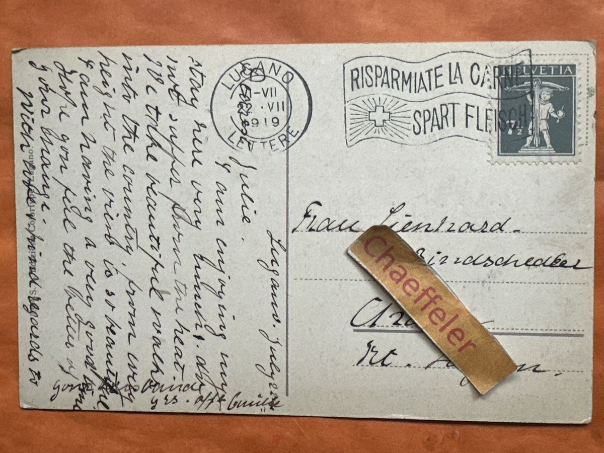 Cartoline postali: Lugano Cattedrale S. Lorenzo e Funiculare 1919 – Usato da Zürich venduto da Chaeffeler 1