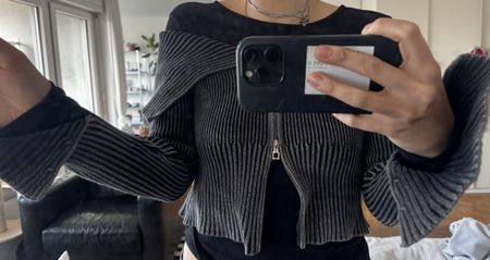 Grey Ribbed Knit Zip-Up Cardigan grunge