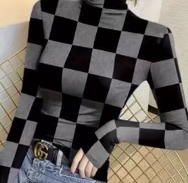 Langarmshirt Rollkragen schwarz grau kariert Grösse M