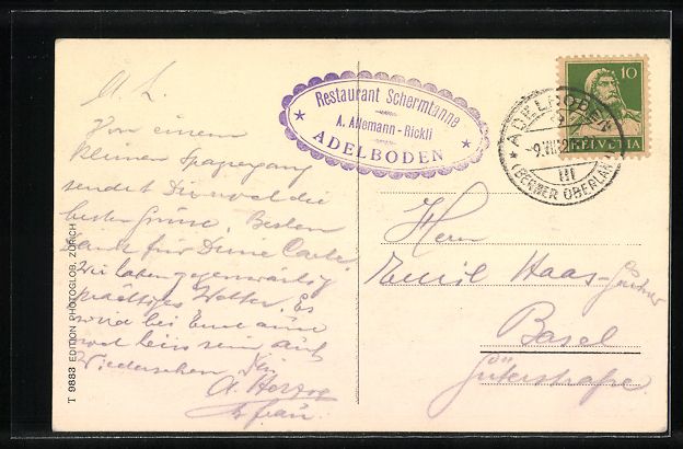 Cartoline postali: Adelboden, Restaurant Schermtanne von A. – Usato da Berlin venduto da bartko-reher 1