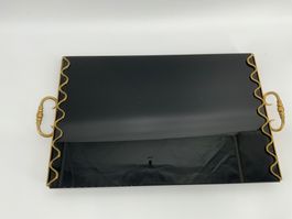 Vintage Serviertablet schwarzes Glas mit Messing Halterung