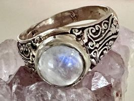 Vintage 925 Silber Mondstein Ring mit Arabesken Gr. 57