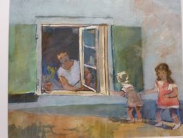 Hans E. Wieland: Aquarell "Mutter und Kinder am Fenster"
