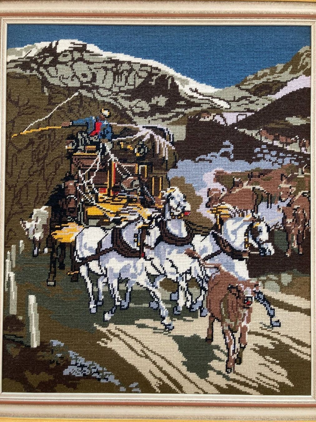 Poster & Bilder: grosses  Gobelin Bild Postillon handgestickt in  Holzrahmen – Gebraucht aus Subingen von ArtBead 1