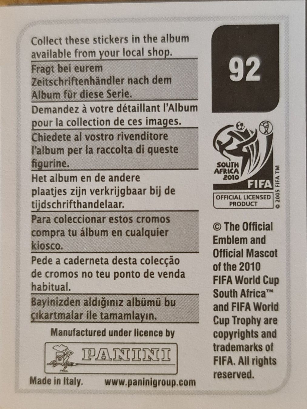 Panini Cartes à collectionner: Panini WM 2010 Nr. 92 – Neuf (Voir description) à Dintikon par Prime-shop 1