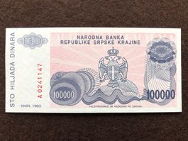 Knin 1993 - Republika Srpska Krajina 100000 Dinara UNC