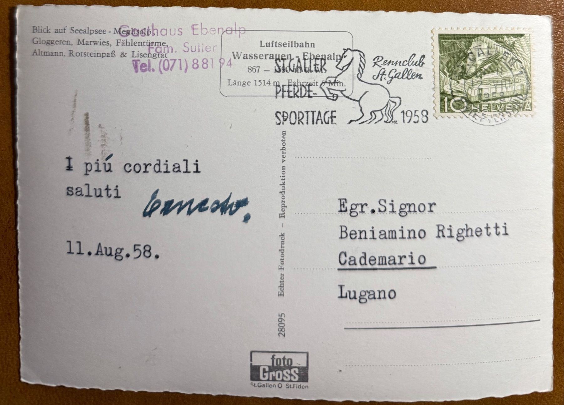 Cartoline postali: Wasserauen - Ebenalp - Luftseilbahn 1958 – Usato da Lutry venduto da Ediego 1