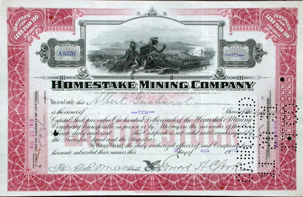 Documenti: Homestake Mining Company - 1914 – Usato da Solothurn venduto da Sgasche
