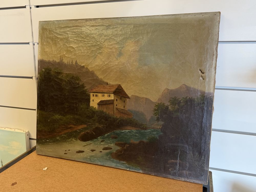 Tableau Huile Sur Toile Village De Montagne XXe Siècle Signé - Paysage, 33x46cm, Occasion Bon état