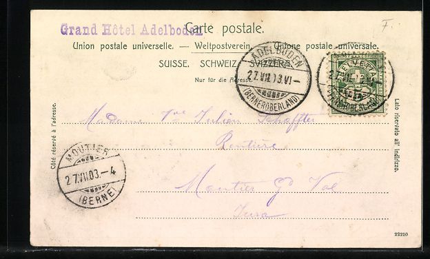 Cartoline postali: AK Adelboden, Grand Hotel, 1903 – Usato da Berlin venduto da bartko-reher 1